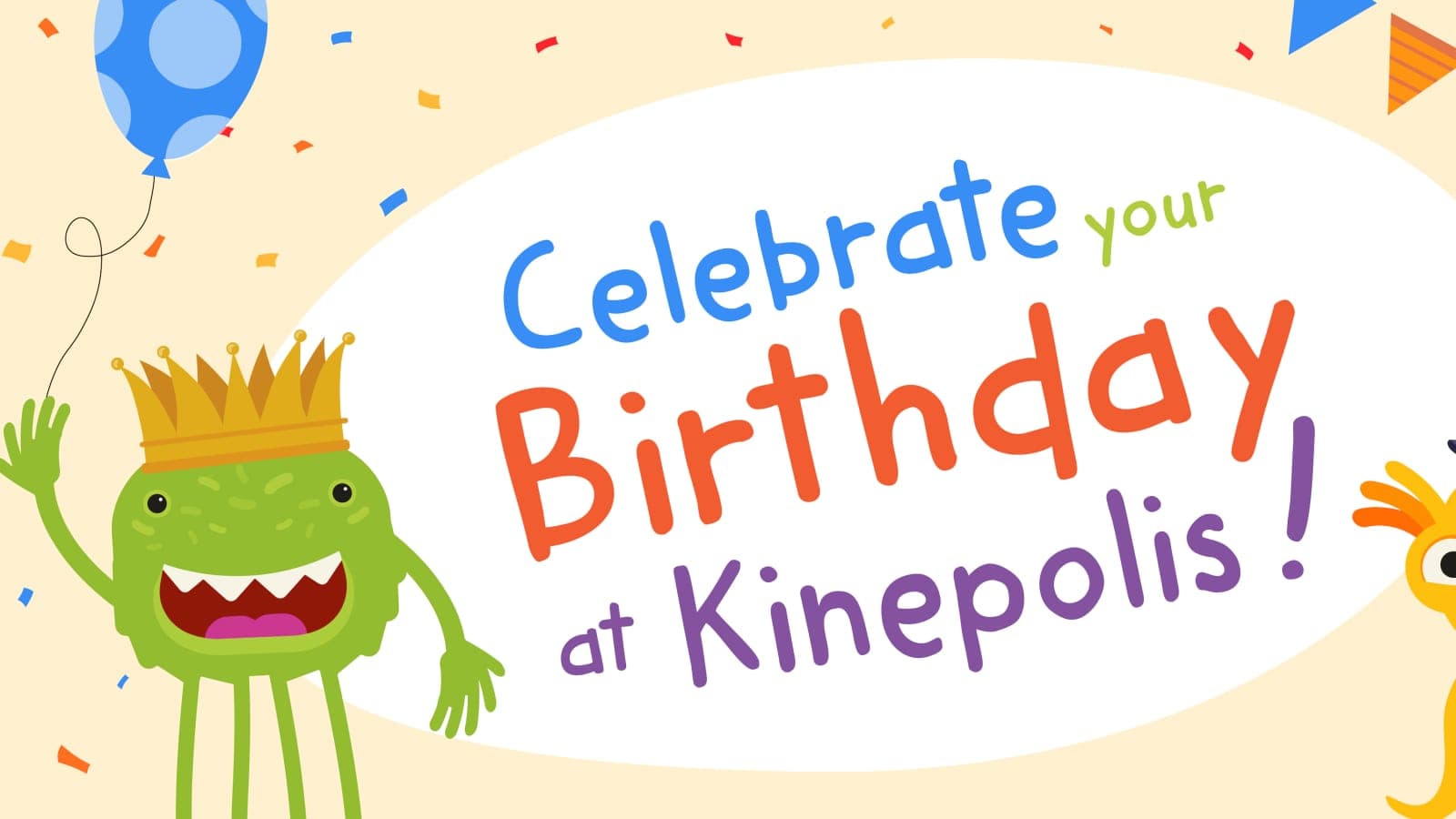Kinepolis Luxembourg birthday hero — illustrated "Celebrate your Birthday at Kinepolis!" banner with two cartoon characters, balloons and confetti