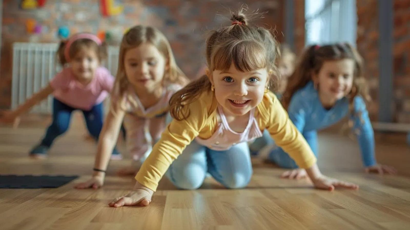 Three kids in casual clothes laughing on the wooden floor of the Krav Maga Center training hall during a martial-arts birthday party