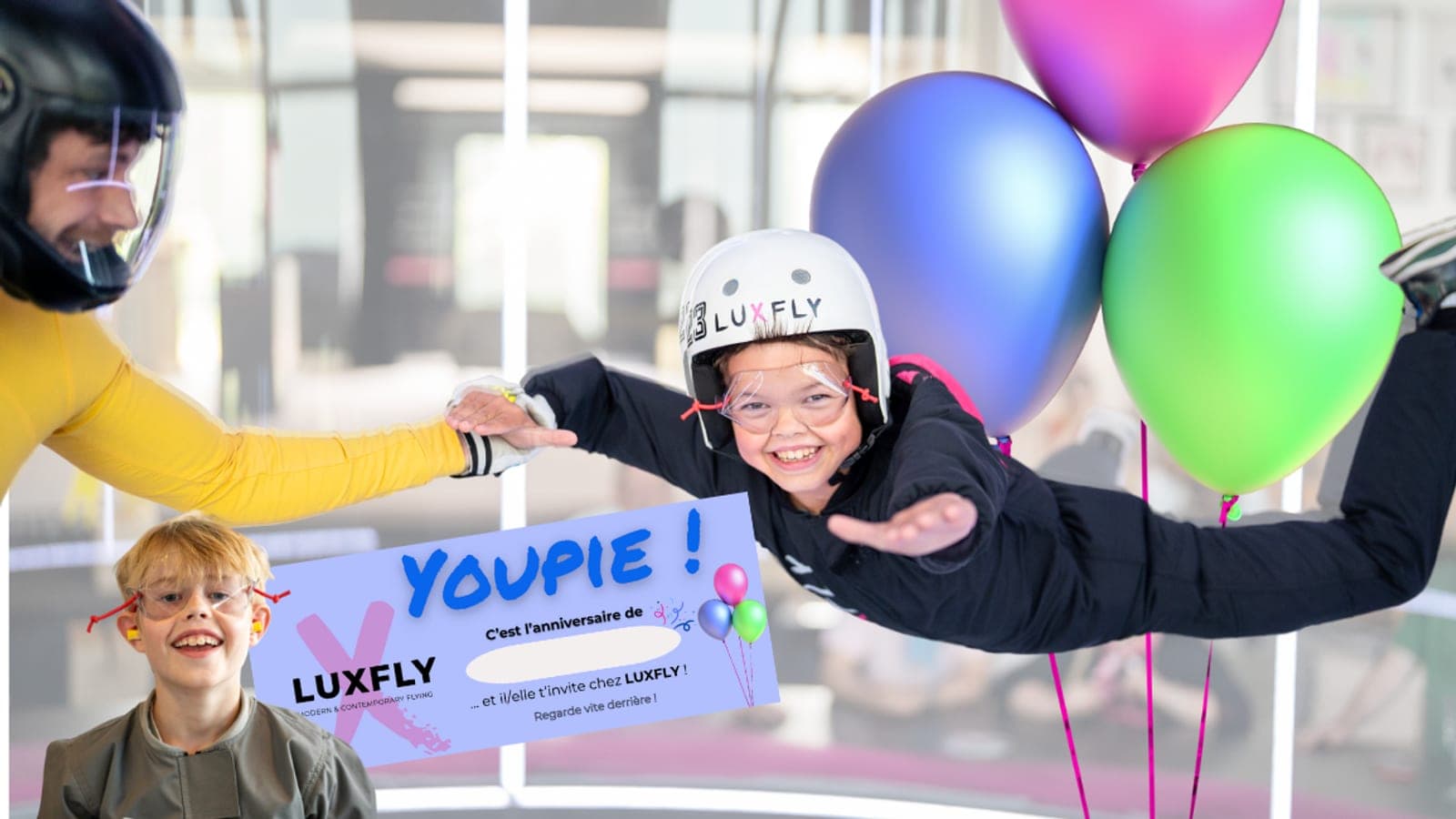 LUXFLY birthday party banner — kids in flight suits in the wind tunnel chamber