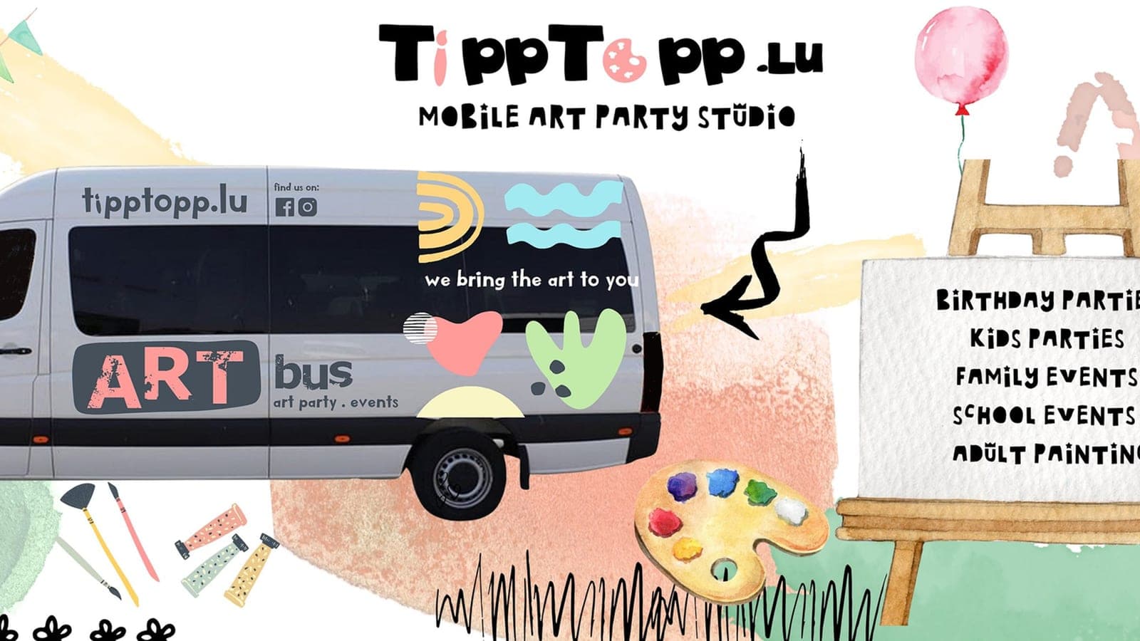 TippTopp Art Bus exterior — converted Mercedes Sprinter parked at a home